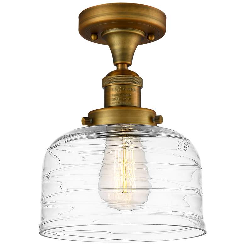 Image 1 Bell 8" Semi-Flush Mount - Brushed Brass - Clear Deco Swirl Shade