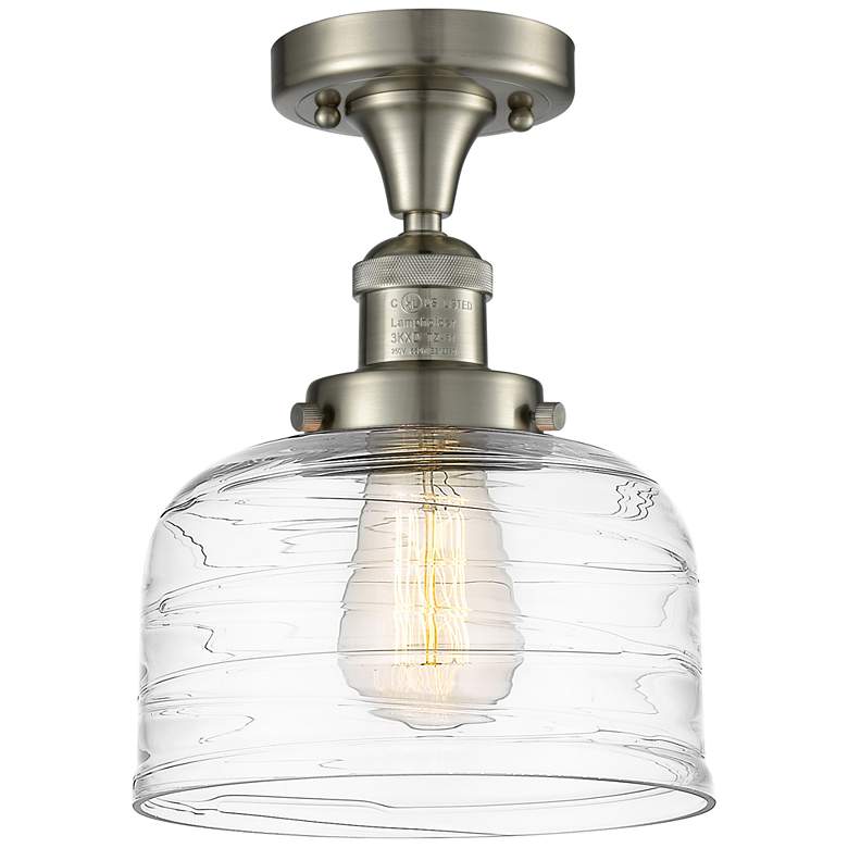 Image 1 Bell 8" Semi-Flush Mount - Brushed Satin Nickel - Clear Deco Swirl Sha