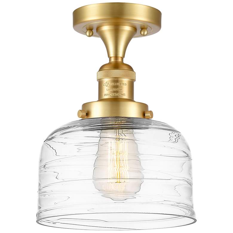 Image 1 Bell 8" Semi-Flush Mount - Satin Gold - Clear Deco Swirl Shade