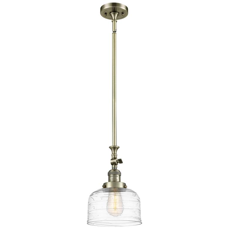 Image 1 Bell 8" Stem Hung LED Mini Pendant - Antique Brass - Clear Deco Swirl