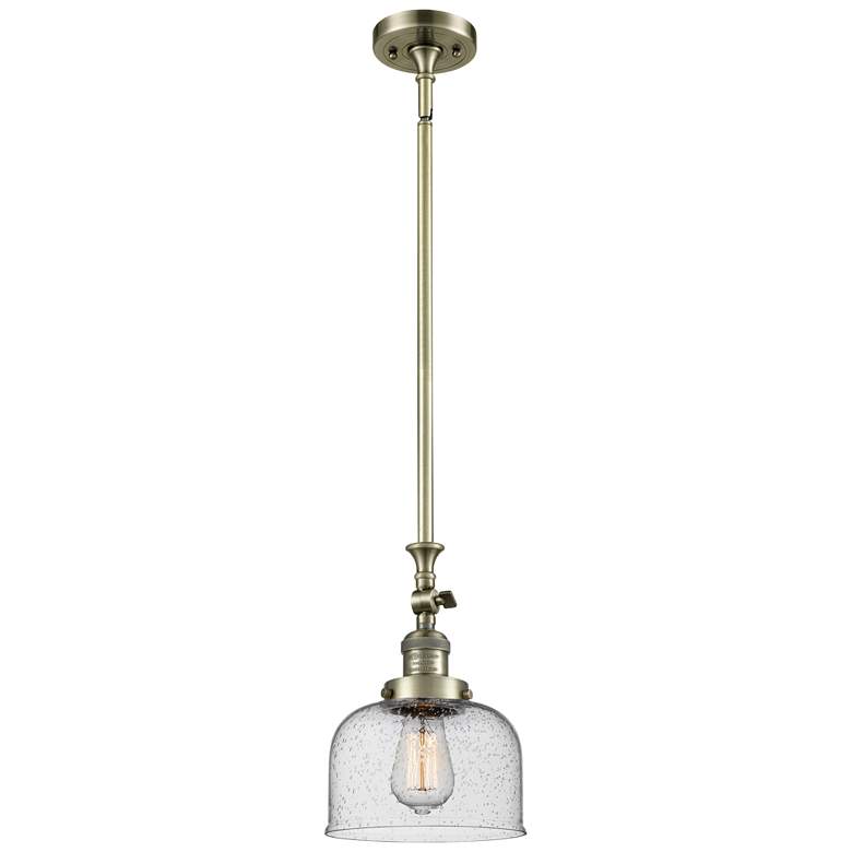Image 1 Bell 8" Wide Antique Brass Stem Hung Tiltable Mini Pendant w/ Seedy Sh