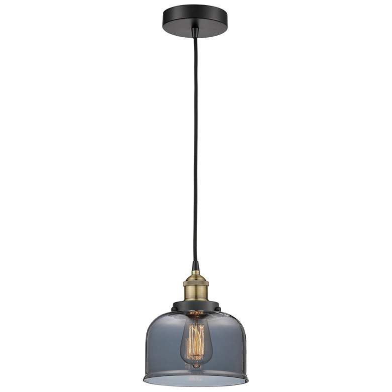 Image 1 Bell 8 inch Wide Black Brass Corded Mini Pendant w/ Plated Smoke Shade