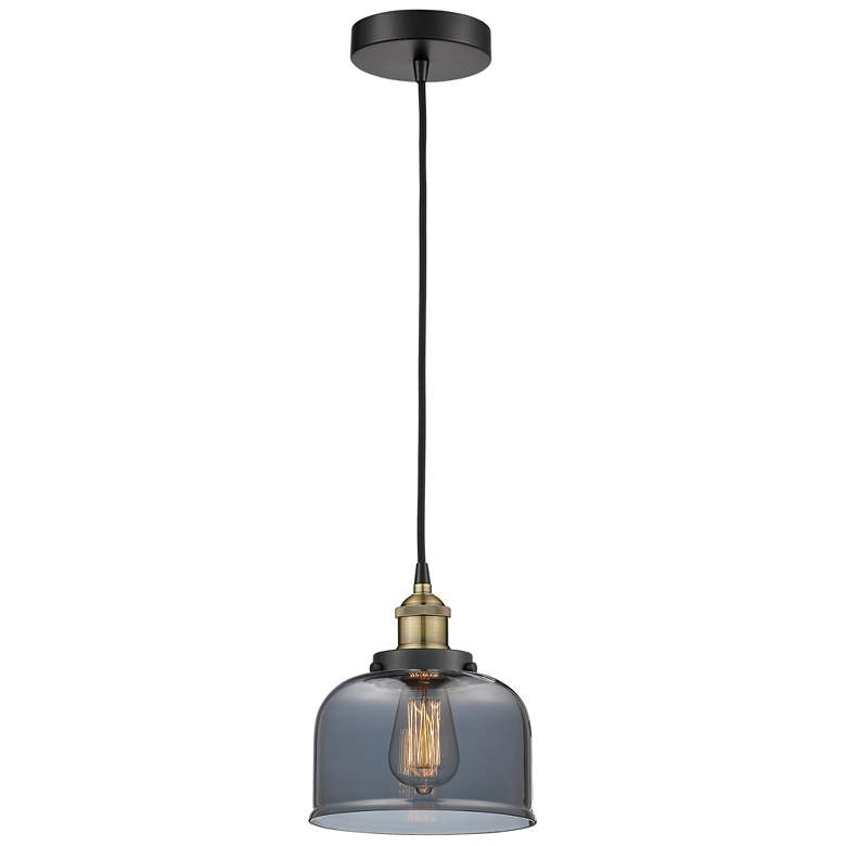 Image 1 Bell 8" Wide Black Brass Corded Mini Pendant w/ Plated Smoke Shade