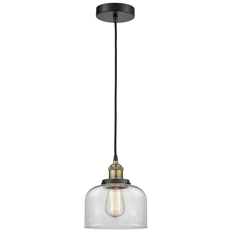 Image 1 Bell 8" Wide Black Brass Corded Mini Pendant With Clear Shade