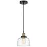 Bell 8" Wide Black Brass Corded Mini Pendant With Deco Swirl Shade