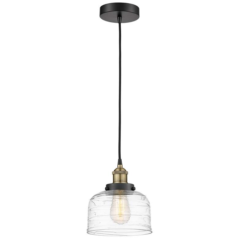 Image 1 Bell 8" Wide Black Brass Corded Mini Pendant With Deco Swirl Shade