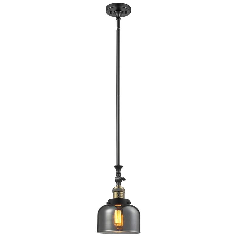 Image 1 Bell 8" Wide Black Brass Stem Hung Mini Pendant w/ Plated Smoke Shade
