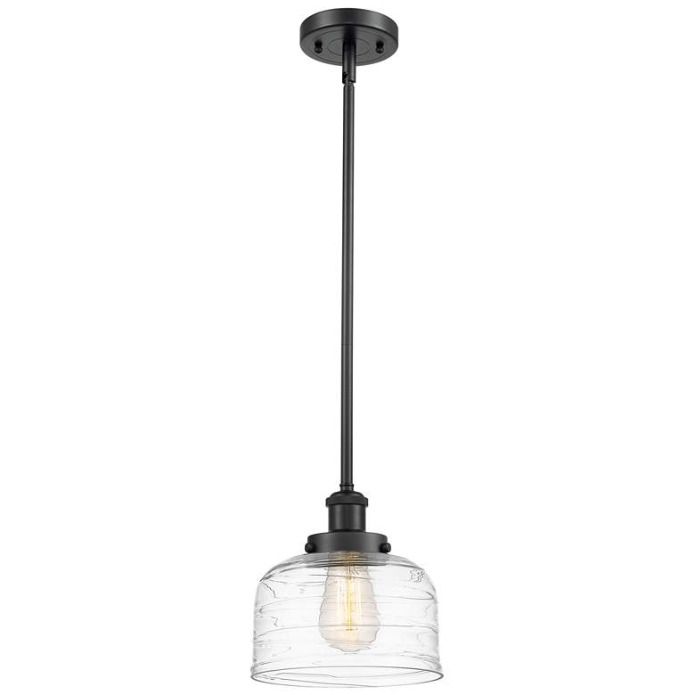 Image 1 Bell 8" Wide Matte Black Mini Pendant w/ Deco Swirl Glass