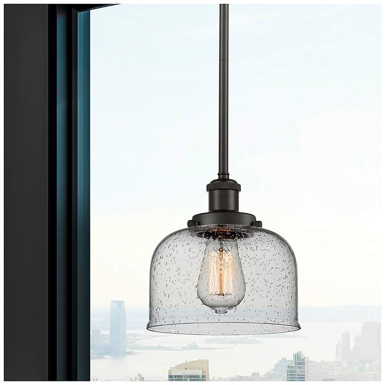 Image 2 Bell 8" Wide Oil-Rubbed Bronze and Seedy Glass Mini Pendant more views