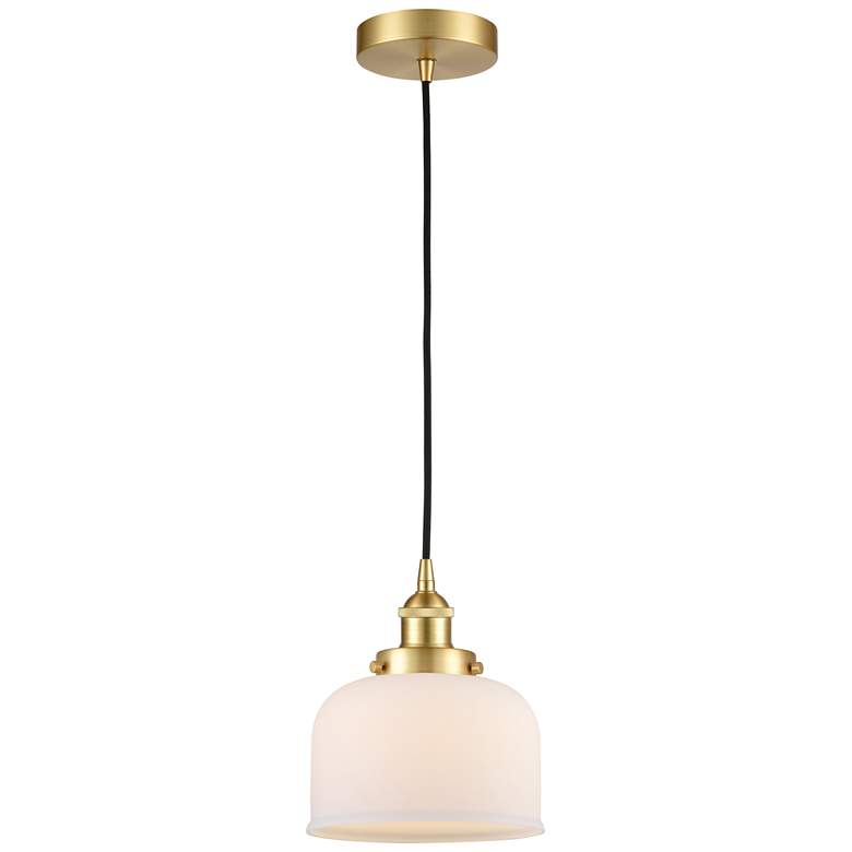 Image 1 Bell 8" Wide Satin Gold Mini Pendant with White Glass