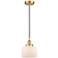 Bell 8" Wide Satin Gold Mini Pendant with White Glass