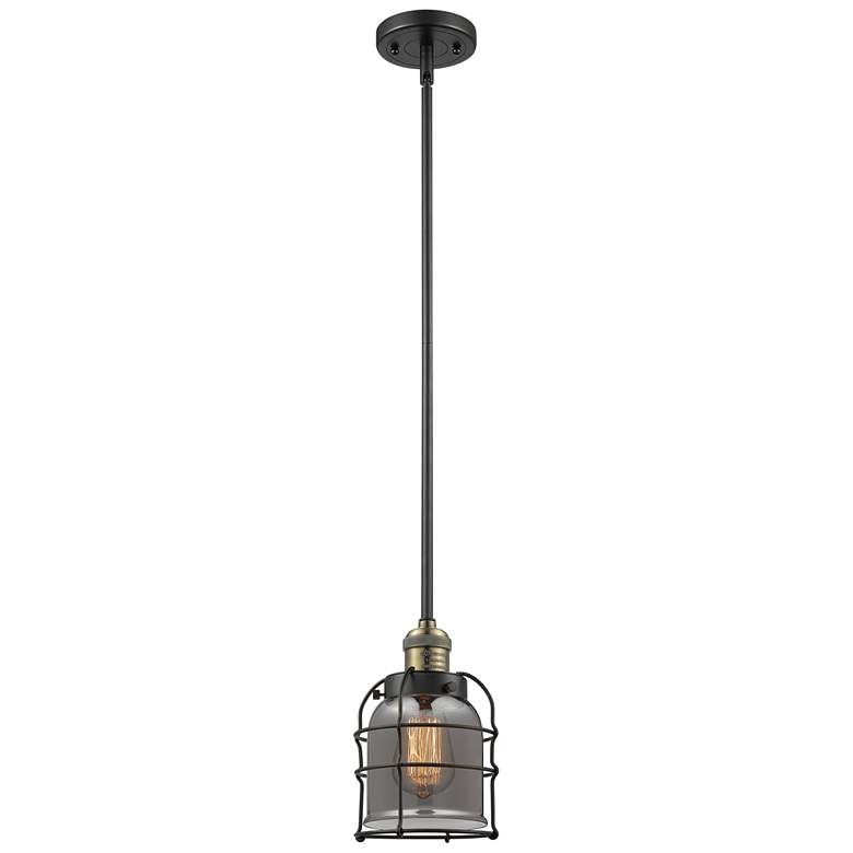 Image 1 Bell Cage 6" Black Antique Brass Mini Pendant w/ Plated Smoke Shade