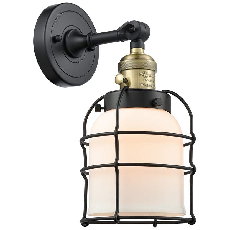 Image 1 Bell Cage 6" Black Antique Brass Sconce w/ Matte White Shade