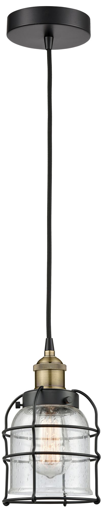 Bell Cage 6&amp;quot; Wide Black Brass and Seeded Glass Mini Pendant