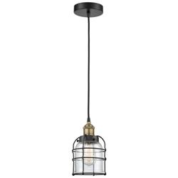 Bell Cage 6&quot; Wide Black Brass Corded Mini Pendant With Clear Shade