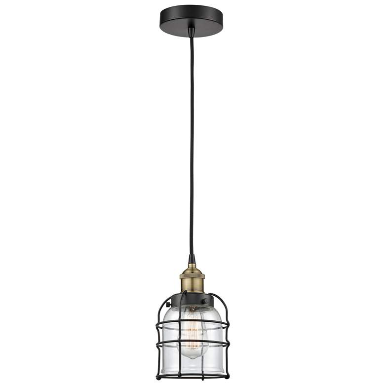 Image 1 Bell Cage 6 inch Wide Black Brass Corded Mini Pendant With Clear Shade