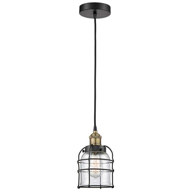 Image 1 Bell Cage 6" Wide Black Brass Corded Mini Pendant With Clear Shade