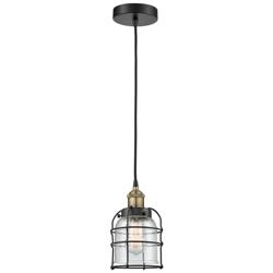 Bell Cage 6&quot; Wide Black Brass Corded Mini Pendant With Seedy Shade