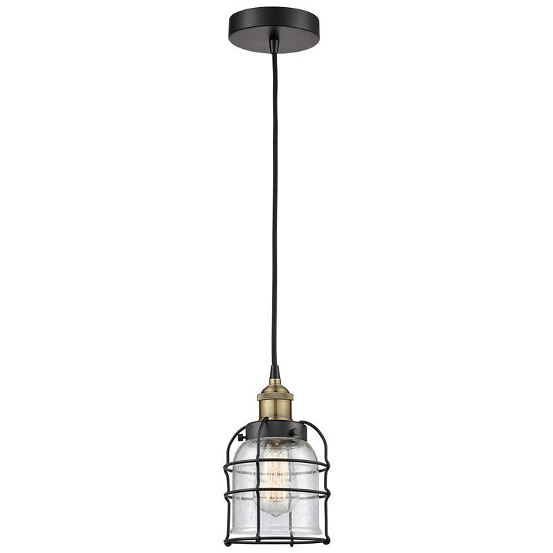 Image 1 Bell Cage 6" Wide Black Brass Corded Mini Pendant With Seedy Shade