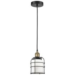 Bell Cage 6&quot; Wide Black Brass Corded Mini Pendant With White Shade