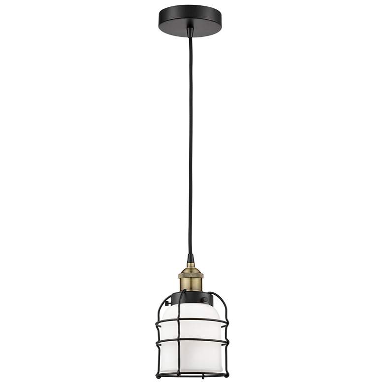 Image 1 Bell Cage 6" Wide Black Brass Corded Mini Pendant With White Shade