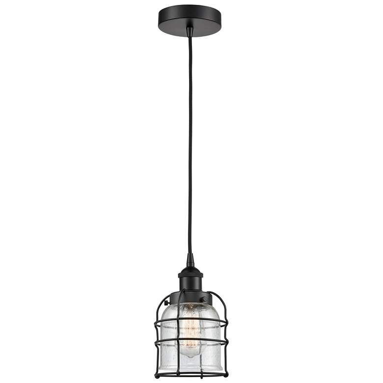Image 1 Bell Cage 6" Wide Matte Black Corded Mini Pendant With Seedy Shade