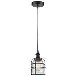Bell Cage 6" Wide Matte Black Corded Mini Pendant With Seedy Shade
