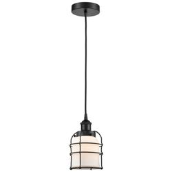 Bell Cage 6&quot; Wide Matte Black Corded Mini Pendant With White Shade