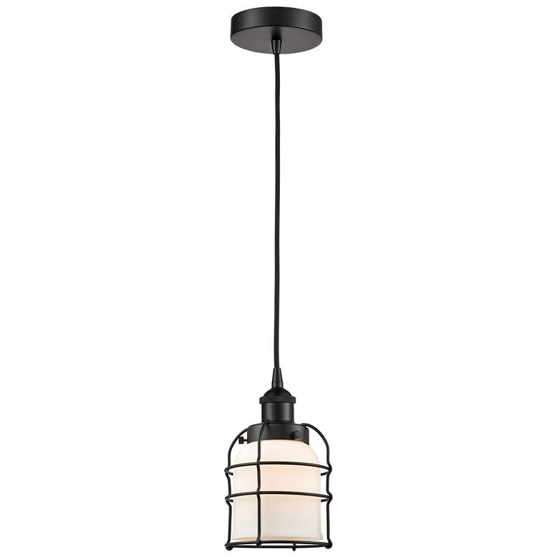 Image 1 Bell Cage 6" Wide Matte Black Corded Mini Pendant With White Shade