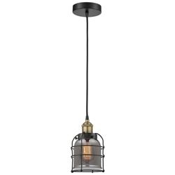 Bell Cage 6&quot;W Black Brass Corded Mini Pendant w/ Plated Smoke Shade