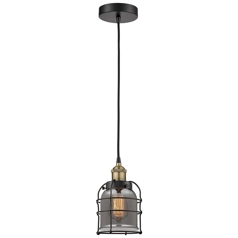 Image 1 Bell Cage 6"W Black Brass Corded Mini Pendant w/ Plated Smoke Shade