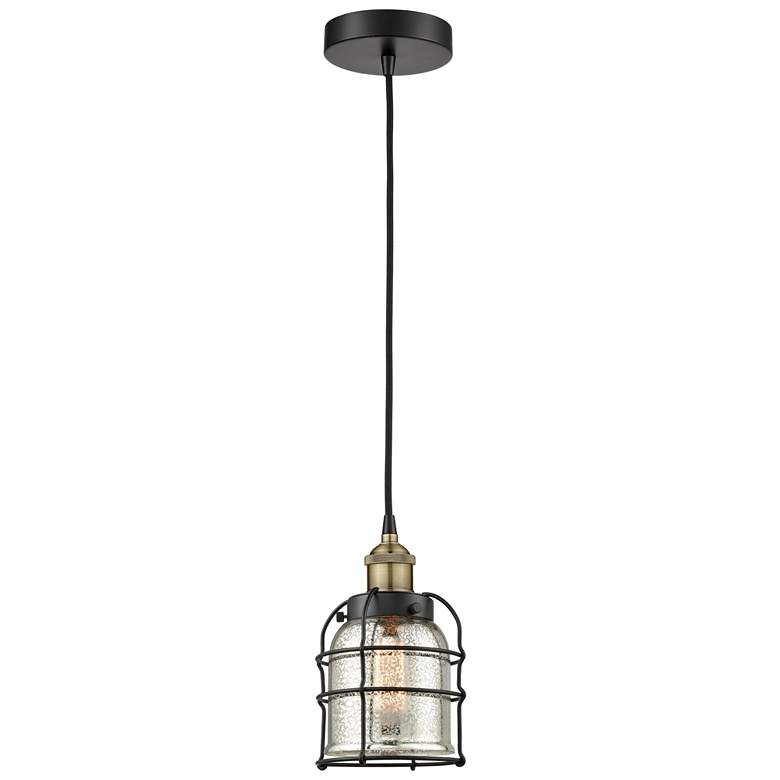 Image 1 Bell Cage 6"W Black Brass Corded Mini Pendant w/ Silver Mercury Shade