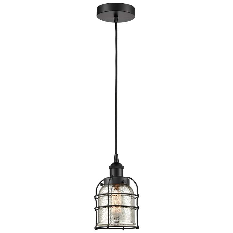 Image 1 Bell Cage 6"W Matte Black Corded Mini Pendant w/ Silver Mercury Shade