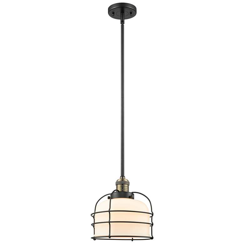 Image 1 Bell Cage 9" Black Antique Brass Mini Pendant w/ Matte White Shade