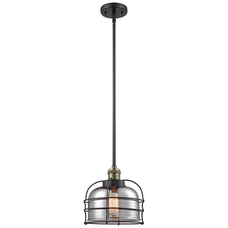 Image 1 Bell Cage 9" Black Antique Brass Mini Pendant w/ Plated Smoke Shade