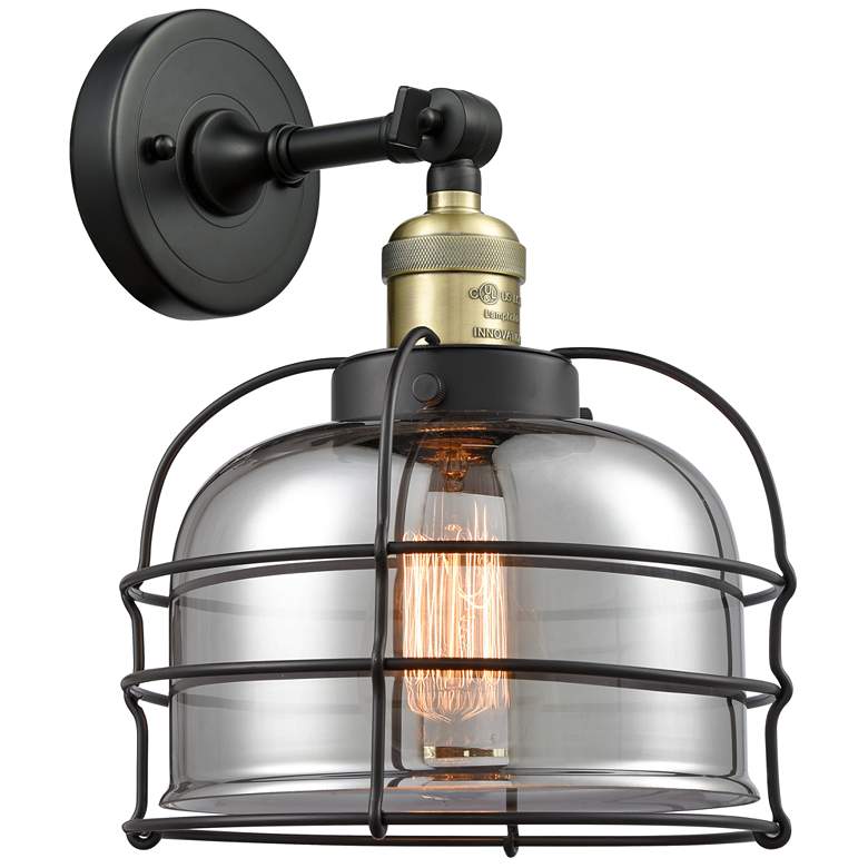 Image 1 Bell Cage 9" Black Antique Brass Sconce w/ Plated Smoke Shade