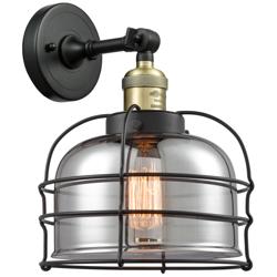 Bell Cage 9" Black Antique Brass Sconce w/ Plated Smoke Shade