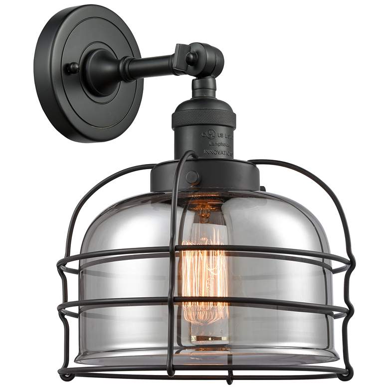 Image 1 Bell Cage 9" Matte Black Sconce w/ Plated Smoke Shade