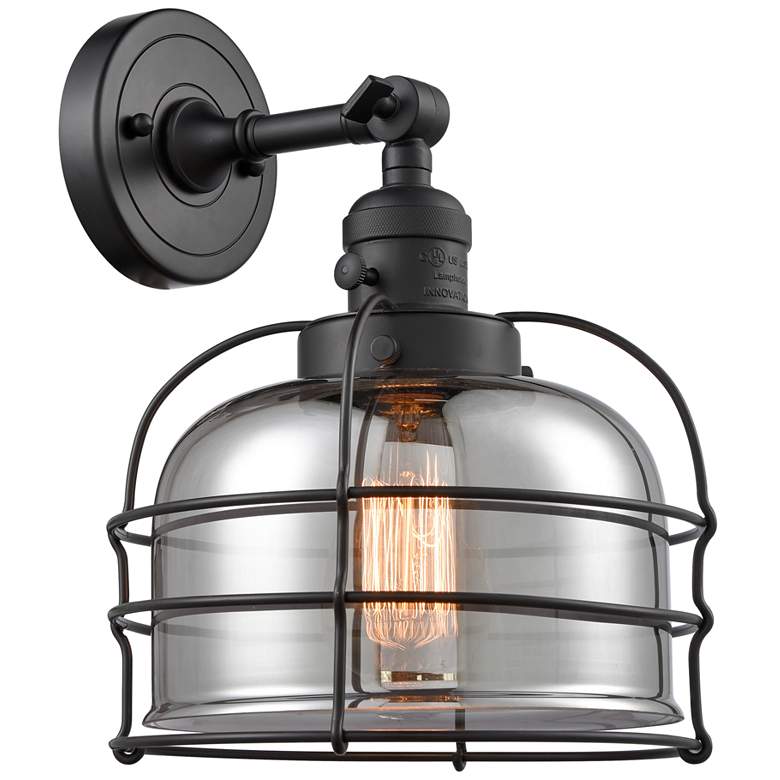Image 1 Bell Cage 9" Matte Black Sconce w/ Plated Smoke Shade