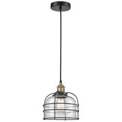 Bell Cage 9&quot; Wide Black Brass Corded Mini Pendant With Clear Shade