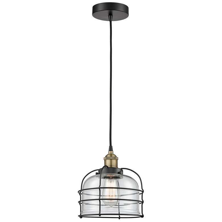Image 1 Bell Cage 9" Wide Black Brass Corded Mini Pendant With Clear Shade
