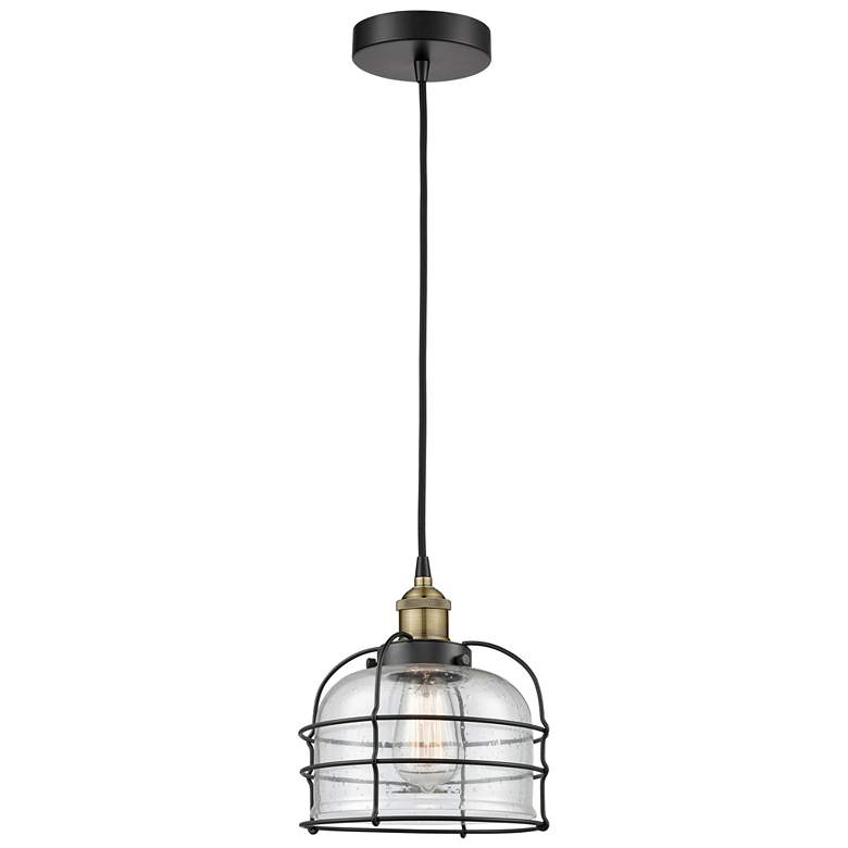 Image 1 Bell Cage 9" Wide Black Brass Corded Mini Pendant With Seedy Shade