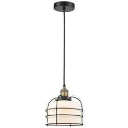 Bell Cage 9&quot; Wide Black Brass Corded Mini Pendant With White Shade