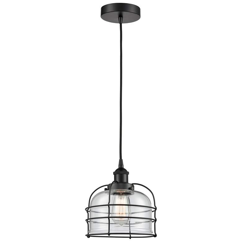 Image 1 Bell Cage 9" Wide Matte Black Corded Mini Pendant With Clear Shade