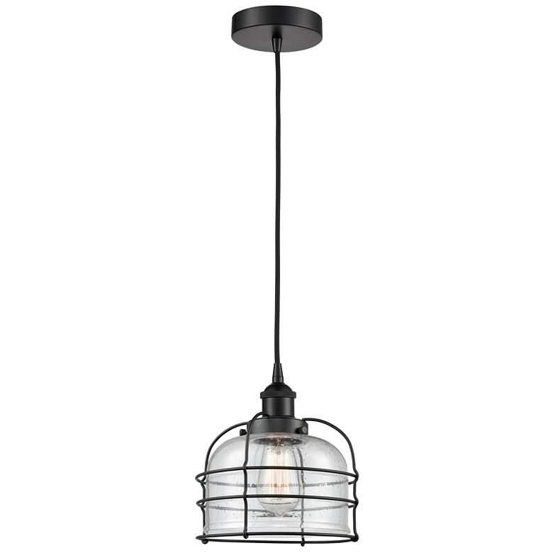 Image 1 Bell Cage 9" Wide Matte Black Corded Mini Pendant With Seedy Shade