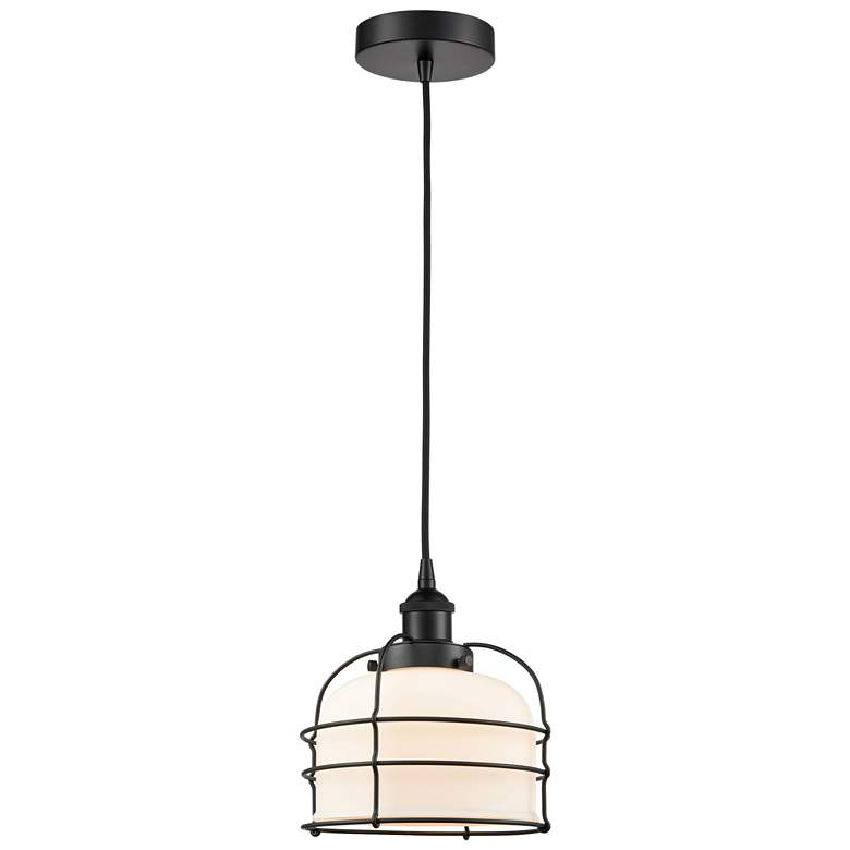 Image 1 Bell Cage 9" Wide Matte Black Corded Mini Pendant With White Shade