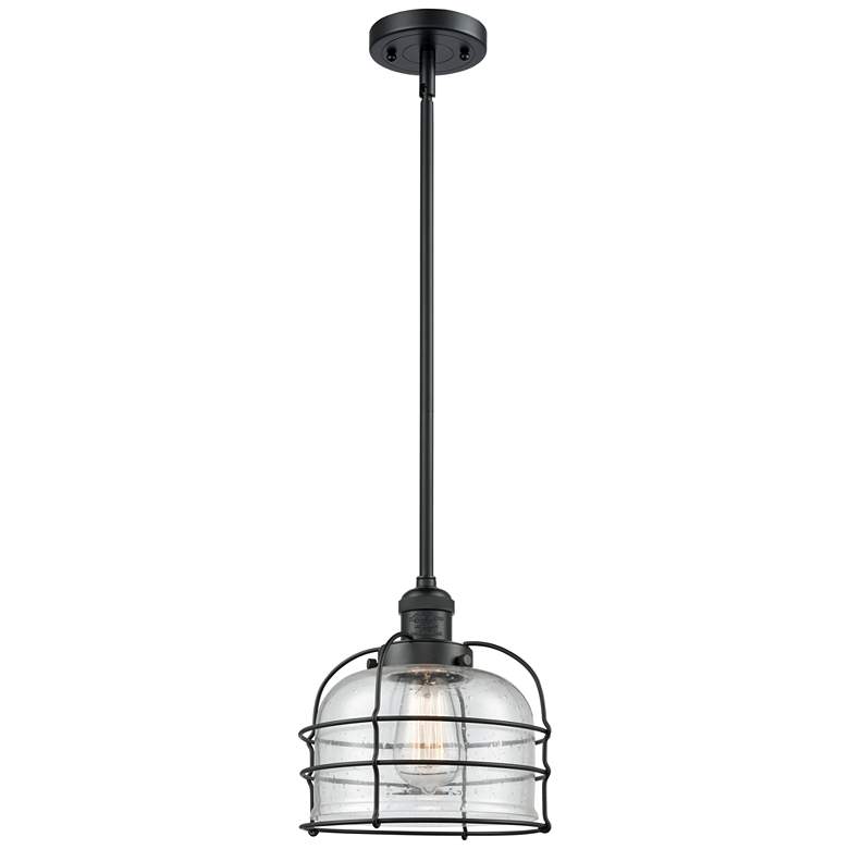 Image 1 Bell Cage 9" Wide Matte Black Mini Pendant w/ Seedy Glass