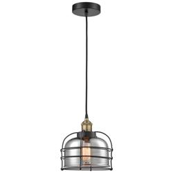 Bell Cage 9&quot;W Black Brass Corded Mini Pendant w/ Plated Smoke Shade
