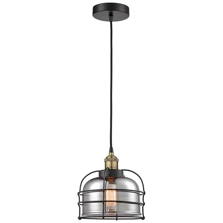 Image 1 Bell Cage 9"W Black Brass Corded Mini Pendant w/ Plated Smoke Shade
