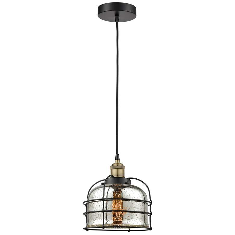 Image 1 Bell Cage 9"W Black Brass Corded Mini Pendant w/ Silver Mercury Shade